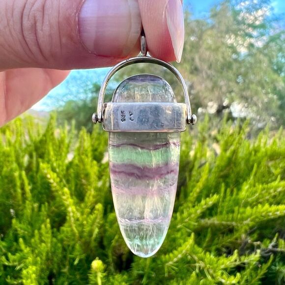 Genuine Fluorite & Lapis Lazuli Goddess Pendant Sterling Articulating Bail - Picture 5 of 10